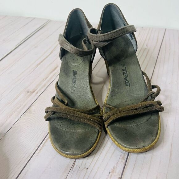 Teva Green Brown Suede Leather Strappy Wedge Sandals Sz 6 - Picture 7 of 8